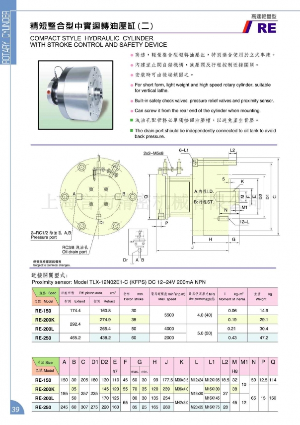 佳贺中实精短整合型回转油压缸 RE